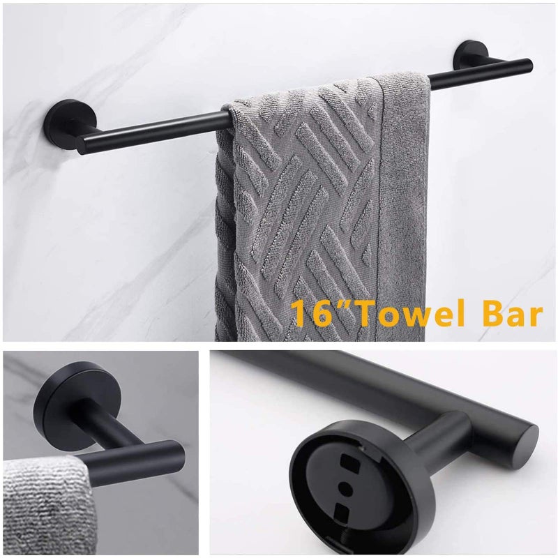 Nolimas 5Pieces Matte Black Bathroom Hardware Set Included 16" Lengthen Hand Towel Bar,Toilet Paper Holder,3pcs Robe Towel Hooks SUS304 Stainless Steel Bathroom Accessories Kit - Image 4